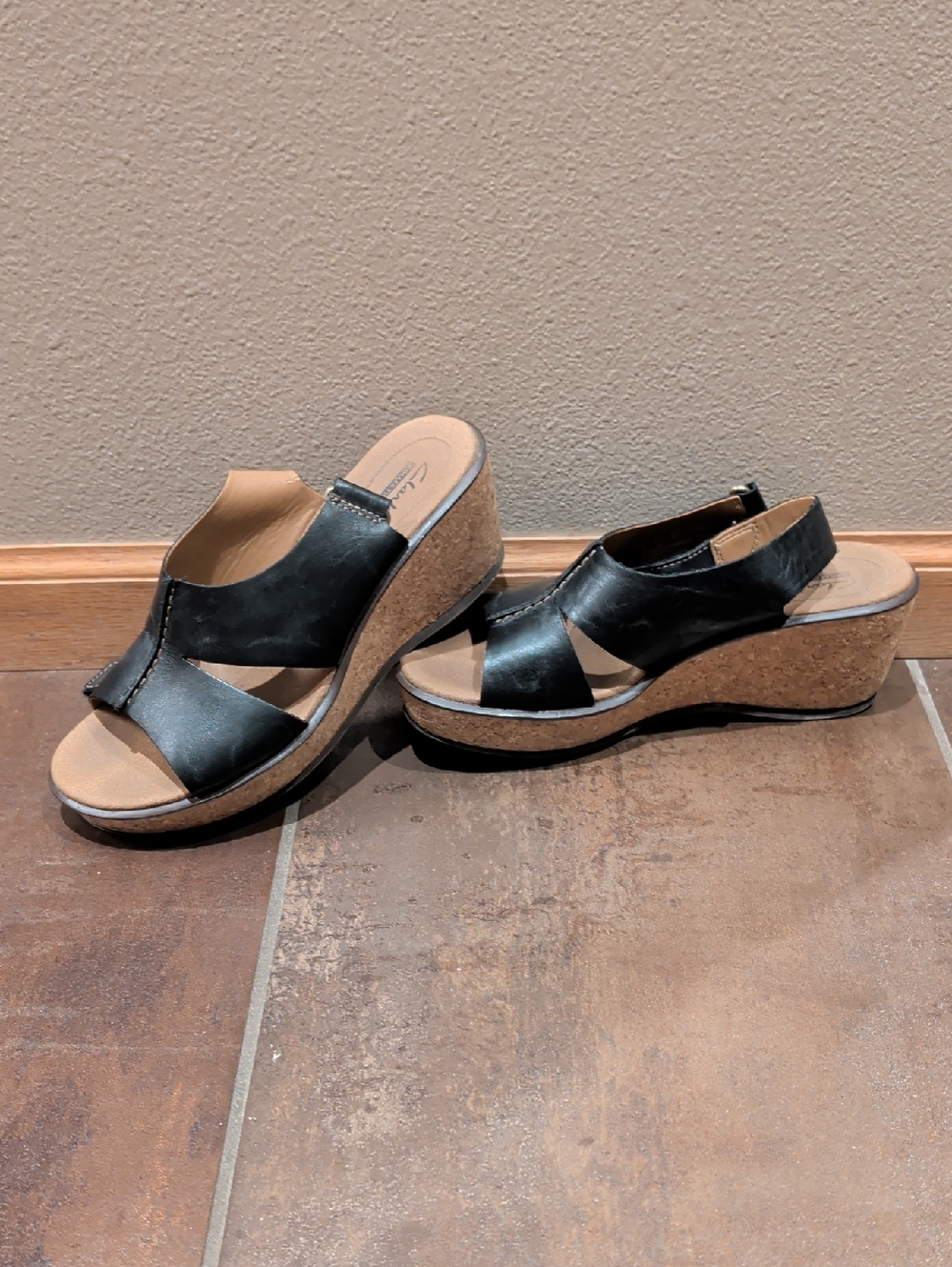 Clarks Black Leather Cork Wedge Sandals